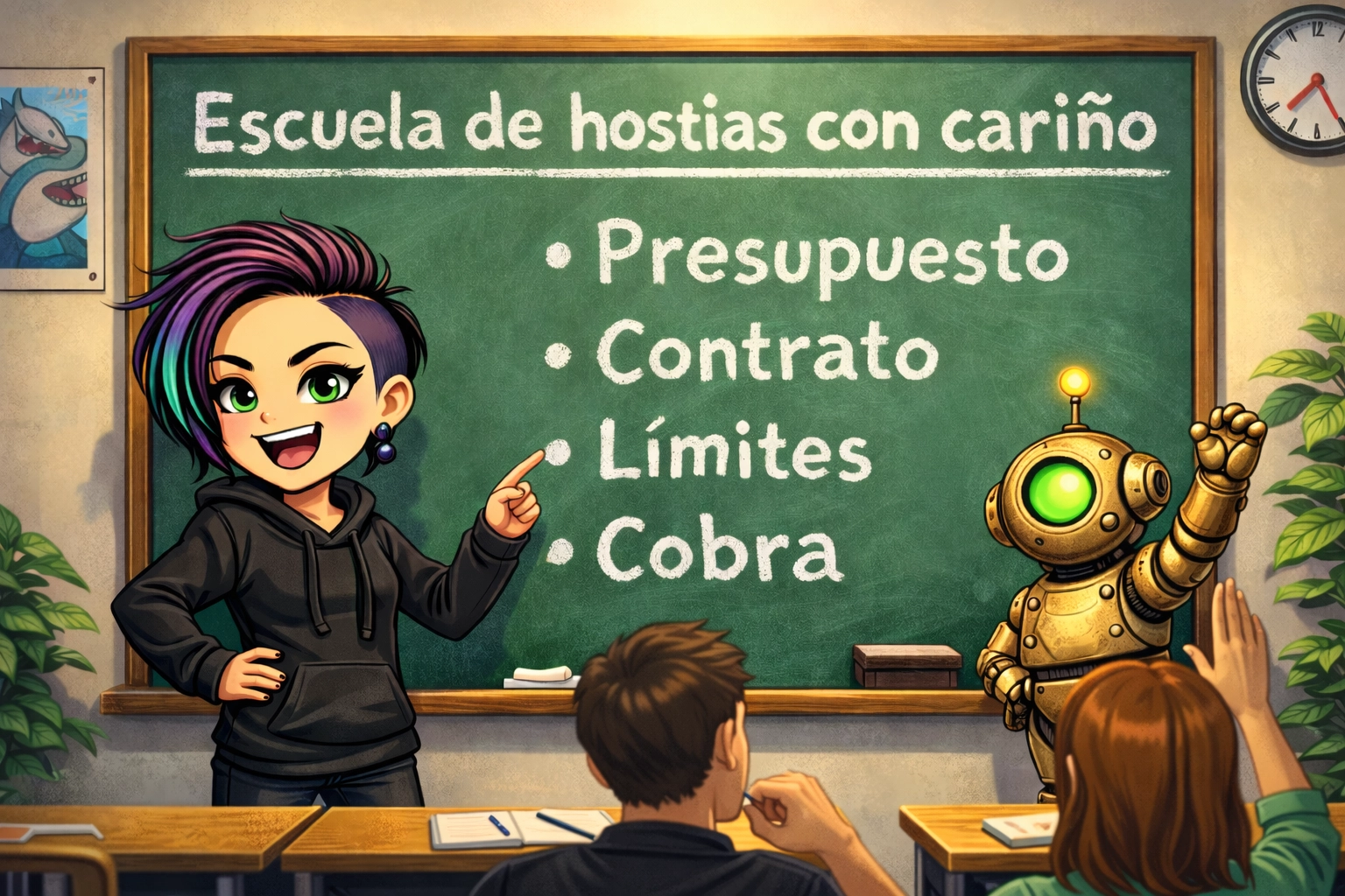 Sylvina y Bit dando clase en el Aula Salvaje con la pizarra “Escuela de hostias con cariño” y los temas presupuesto, contrato, límites y cobra, con alumnos adultos.