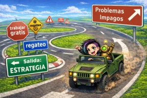 Sylvina y Bit enseñando a los autónomos a salir de la rotonda de trabajar gratis, regateo e impagos hacia la salida Estrategia en un hummer verde
