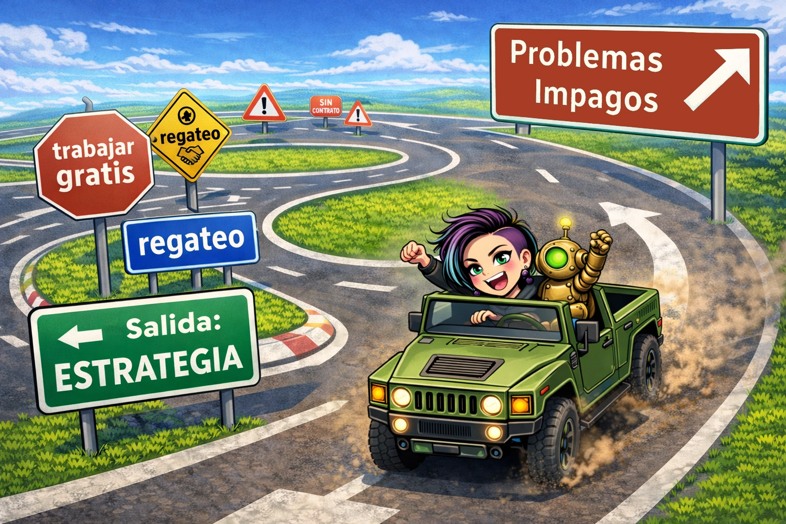 Sylvina y Bit enseñando a los autónomos a salir de la rotonda de trabajar gratis, regateo e impagos hacia la salida Estrategia en un hummer verde