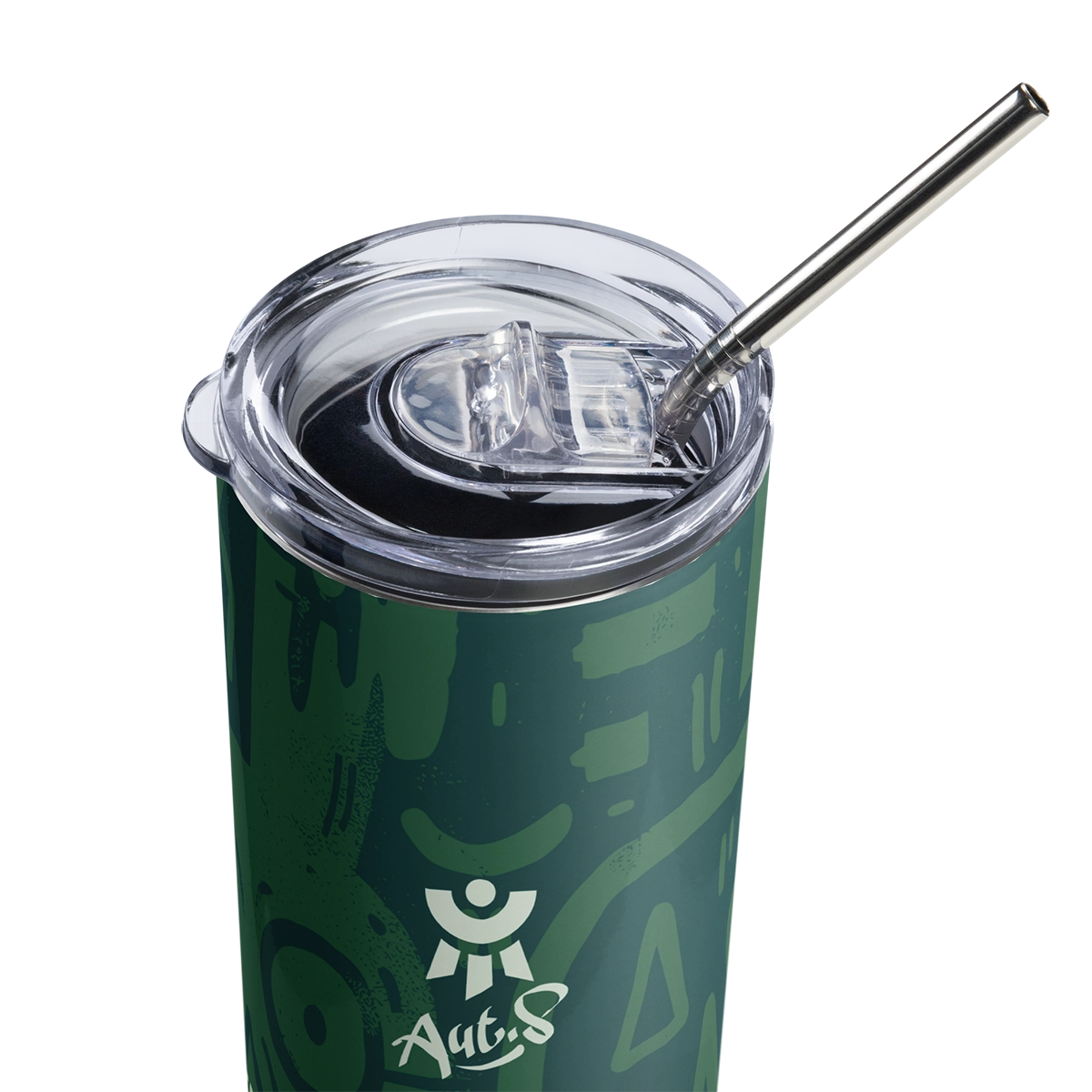 Primer plano de la tapa transparente y pajita de metal del vaso de acero inoxidable Paciencia Líquida, un ejemplo de artículos de oficina con humor negro para regalar.
