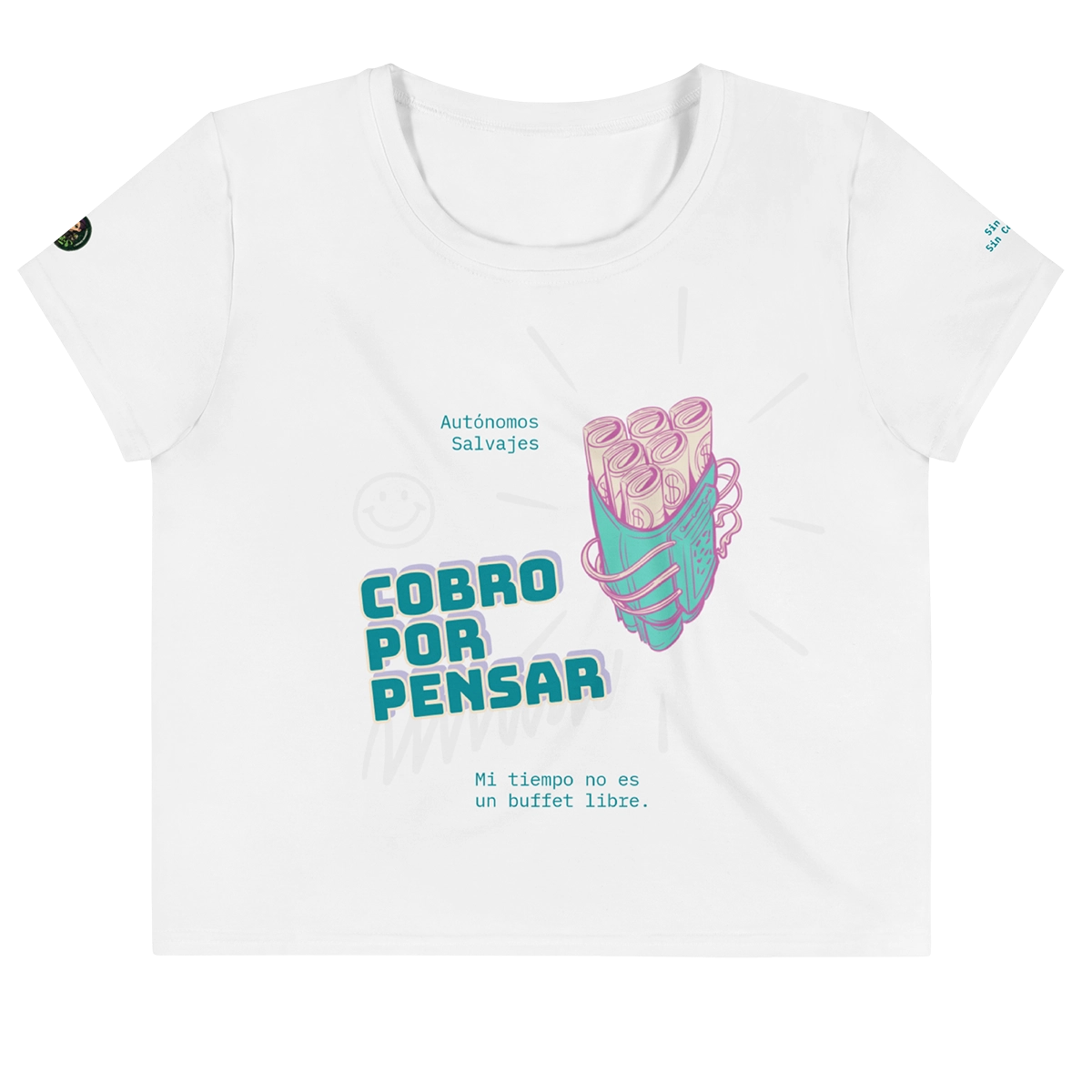 Diseño frontal de la camiseta Cobro por pensar de Autónomos Salvajes, uno de los regalos originales para freelance y profesionales independientes más vendidos.