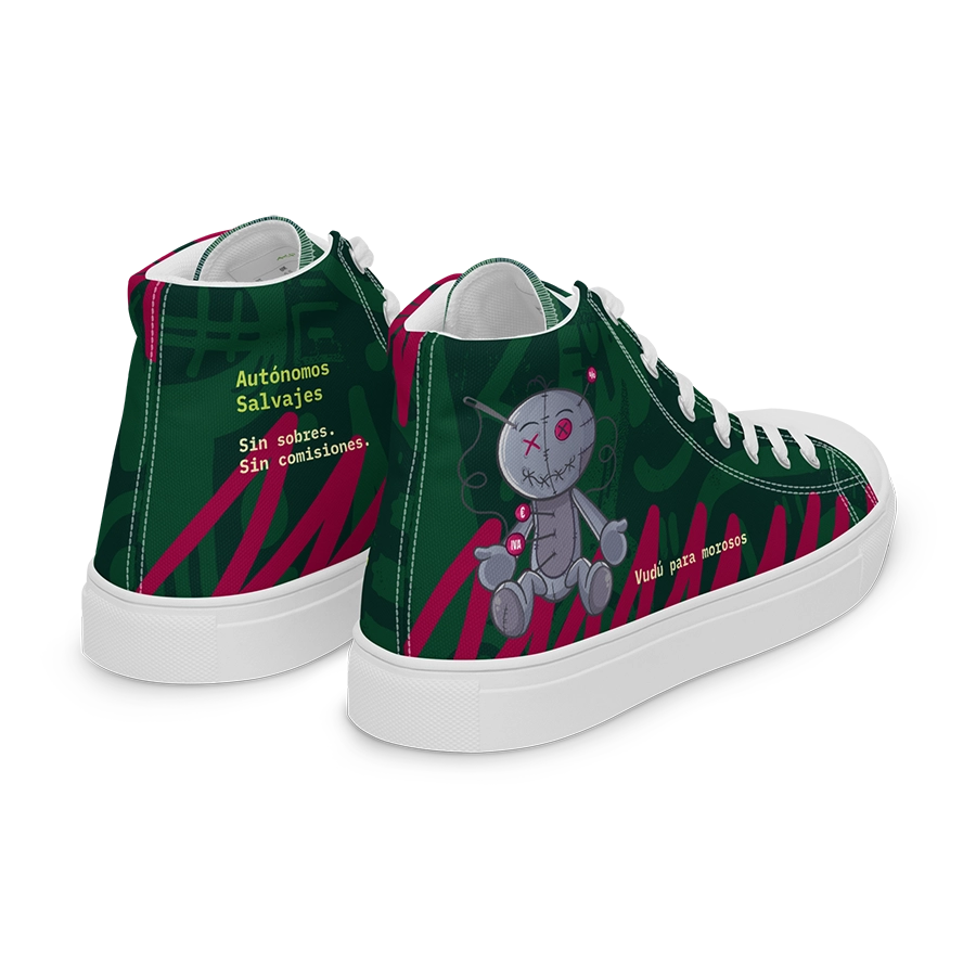 Zapatillas de lona modelo Caza-Morosos con ilustración de muñeco vudú y texto Sin sobres Sin comisiones, idóneas como regalos originales para freelance y emprendedores creativos.