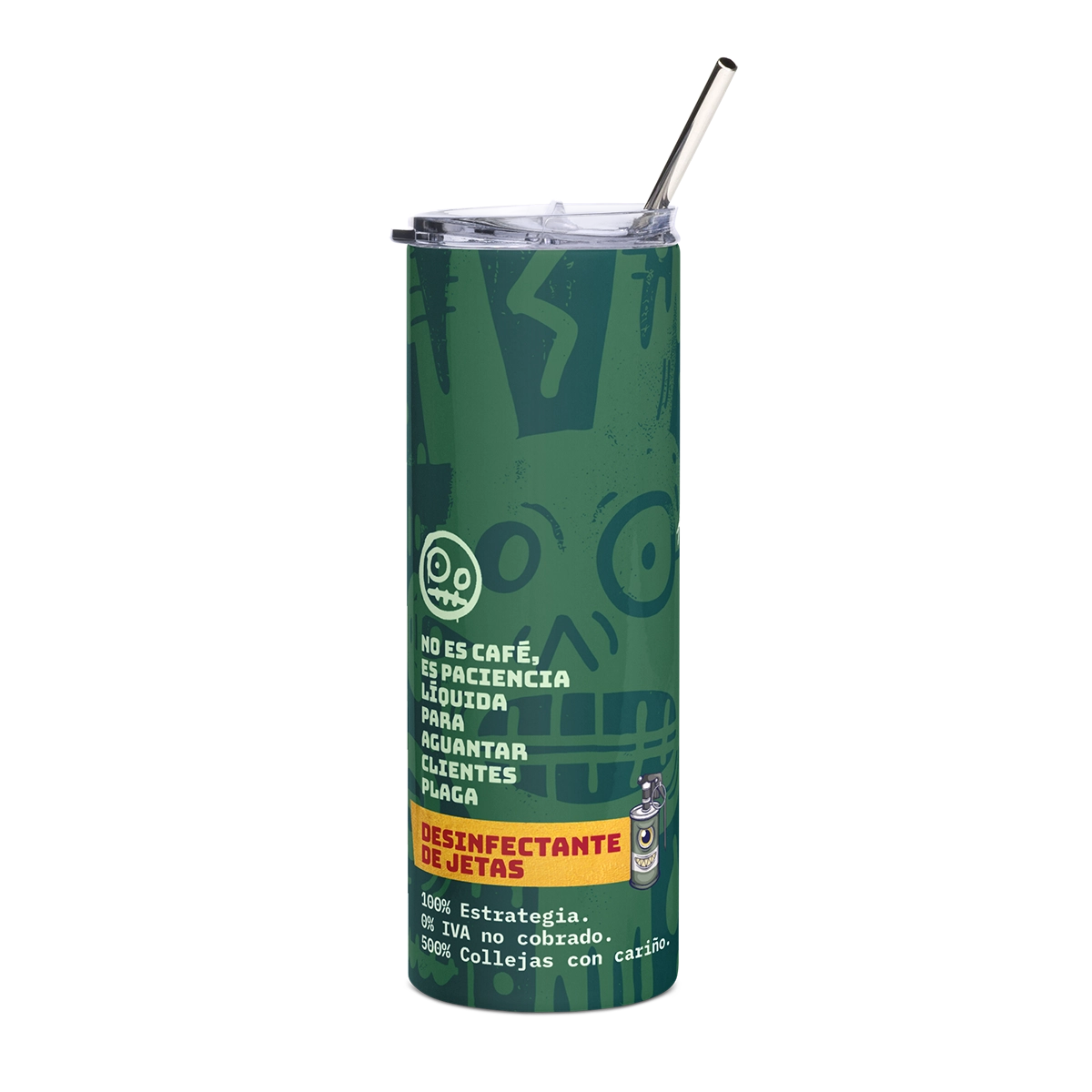 Vaso térmico verde de Autónomos Salvajes con la etiqueta Desinfectante de jetas y mensajes divertidos, ideal como propuesta de regalos para diseñadores freelance.